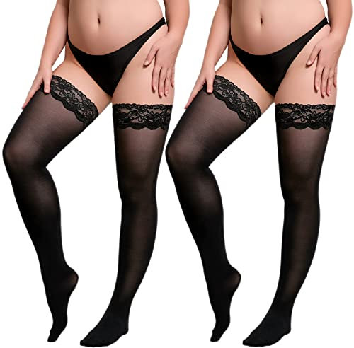 MANZI Halterlose Strümpfe 70 DEN Spitze Großen Größen 2er Pack Blickdicht Damen Schwarz Strumpfwaren Silikonoberteil,3XL-4XL