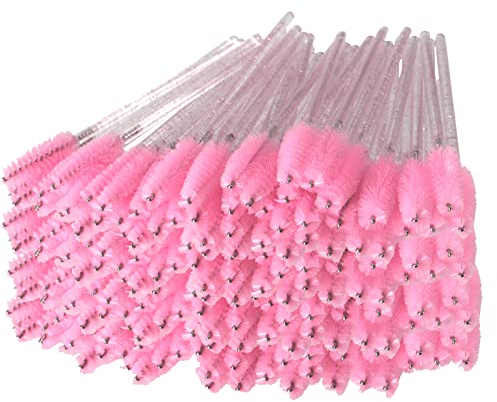 ZEONHEI 200 Stück Wimpern bürste, Rosa kristall Lash Spooly Bürsten, Mascara Stäbe Applikator Wimpernbürste für Wimpernverlängerung Schminken