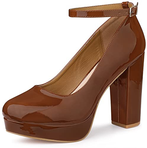 Allegra K Women's Platform Ankle Strap Chunky Heel Mary Janes Pumps Brown