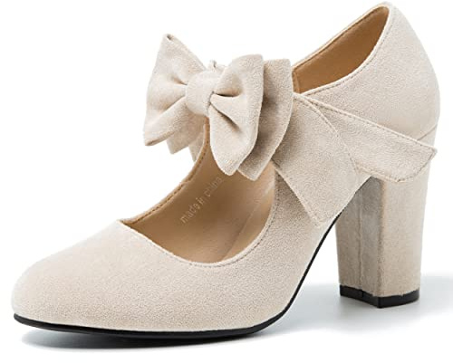 MAIERNISI JESSI Women's Mary Jane Pumps with Bow, 3.54 Inch Chunky Heel, Round Closed Toe Dress Shoes Nude US 10.5