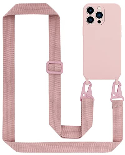Cadorabo Handykette kompatibel mit Apple iPhone 14 PRO MAX Schutzhülle TPU Liquid Silikon Case Necklace mit verstellbarem Band Kordel mit Etui Rundumschutz Case Hülle für iPhone 14 PRO MAX in Rosa