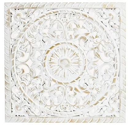 Meinposten Wandbild Holzbild Ornament weiß gold 40x40 rund 39 cm Landhaus Mandala shabby (Eckig 40x40 cm)