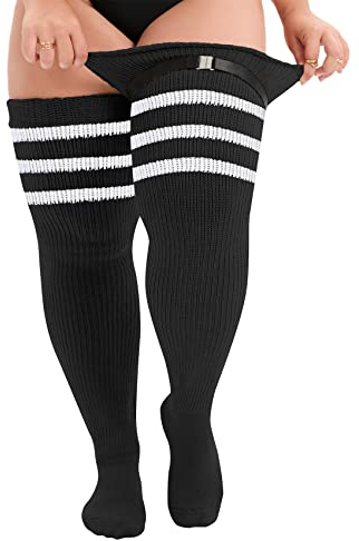 Durio Damen Große Größen Kniestrümpfe Oberschenkelhohe Socken Overknee Lange Stiefel Strümpfe Thigh High Socks Beinwärmer Schwarz und weiß gestreift Einheitsgröße