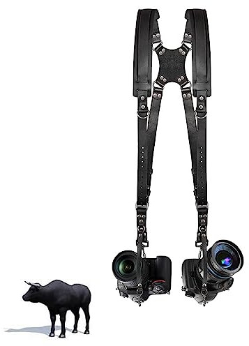 Hengme Leather Camera Strap, Double Shoulder Camera Harness Quick Release Adjustable camera shoulder strap for Two DSLR/SLR Cameras - 60 x 30-50cm (Black)