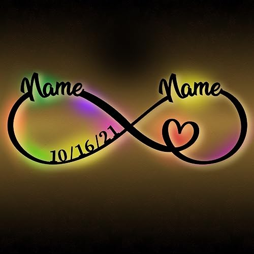 Urhome Unendlichkeitszeichen mit Herz Holz LED Warmweiß Stimmungslicht - Name Paar Datum personalisiert - Schlummerlicht Nachtlicht Liebes-Geschenk Wandleuchte für Braut zur Verlobung Hochzeitstag