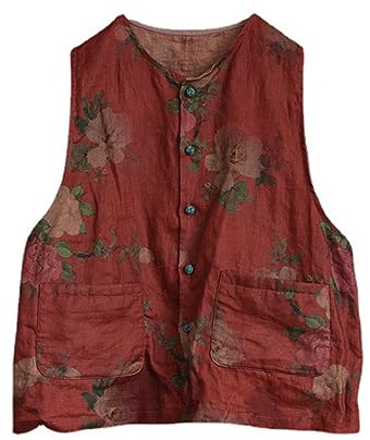 NFYM Lätt linneväst för kvinnor handgjord knut knapp upptryckt ärmlös blazer jacka toppar med fickor, Mörkröd, one size