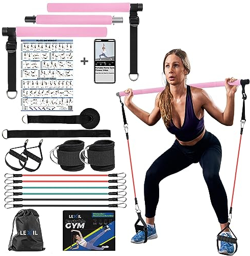 LEXIL Pilates-Bar-Übungsset, stapelbar, 3 Paar Widerstandsbänder (15, 20, 13,6 kg) – Heim-Fitnessgerät für Männer und Frauen, Workout-Set für Körperstraffung, mit Fitness-Video (Rosa)