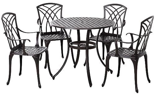 Outsunny 5 Pieces Garden Dining Set for 4, Cast Aluminium Outdoor Dining Set with 4 Armchairs and Round Dining Table with Parasol Hole, Garden Furniture Set, Brown