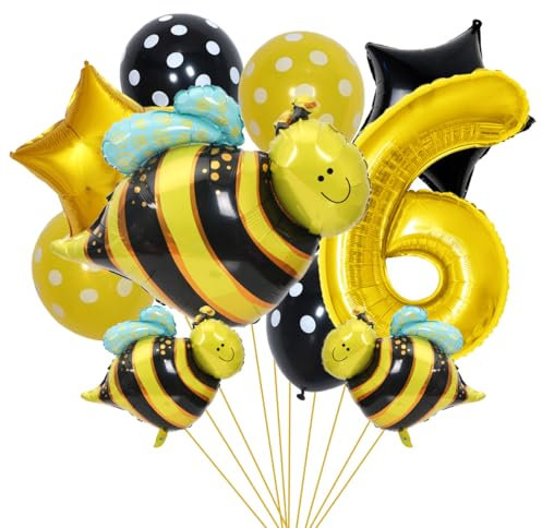 SNOWZAN Bienen Geburtstagsdeko 6. Geburtstag Mädchen Junge - Luftballons, Folienballon, Zahlen Ballon Zahl 6 - Gelb Deko Für Kinder Bee Party