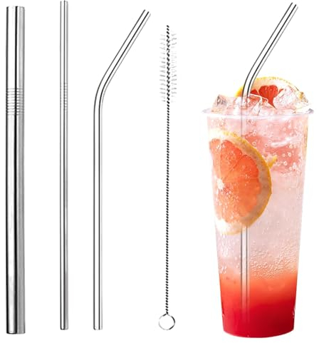 5 Pièces Paille Inox, Ensemble de Pailles Réutilisables, Portable en Paille en Inox, Sac de Rangement pour Brosse de Nettoyage, pour le Chocolat Chaud, les Smoothies, les Jus de Fruits, le Lait