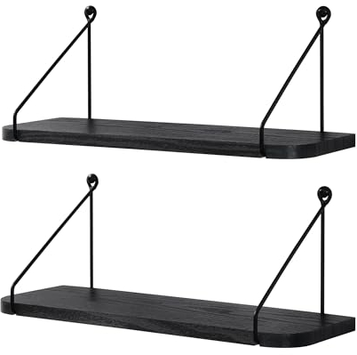 SUMGAR Wandregal schwarz Schweberegale Holz Hängeregal Küche Metall Praktische Dekorative Regale aus Holz für Schlafzimmer Badezimmer Wohnzimmer 42 cm 2er Set