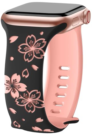 AMSKY Flower Band Kompatibel mit Apple Watch Armband 40mm 46mm 41mm 38mm 42mm 45mm 44mm Damen, Graviert Silikon Armbänder mit Blumen Floral Muster Kompatibel mit iWatch Armband Se 10 9 8 7 6 5 4 3 2 1