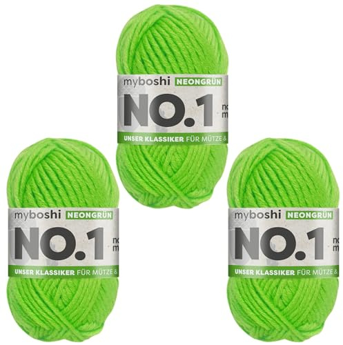 myboshi No.1 Wolle zum Häkeln und Stricken, Schnellstrickgarn, langlebige Mützenwolle, Strickwolle, Häkelwolle, mulesing-frei, 50g, Ll 55m Neongrün 3 Knäuel