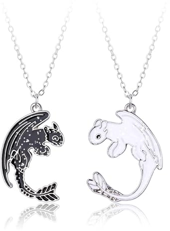 Hifot 2 Stück Halskette Damen Silber Freundschaftskette, Bff Ketten für 2 Mädchen, Monster Kette Herz Anhänger, Drachen Halskette Lang für Frauen Freundin Geschenk Personalisierter Schmuck