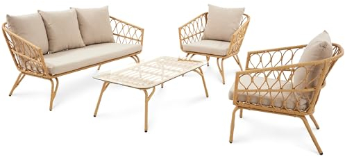 di volio Gartenmöbel-Set Teramo Beige/Creme, Terrassenmöbel aus Polyrattan und Stahl, Gartenmöbel + Fleecedecke - Couchtisch & 2 Sessel & 3-Sitzer Sofa