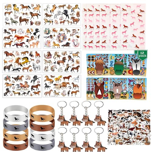 Aszaui 104 Stück Pferde Party Mitgebsel Kindergeburtstag,Pferde Geburtstag Kindergeburtstag Gastgeschenke,Give Aways Gastgeschenk,mit Pferde Geburtstagsdeko Armbänder Schlüsselanhänger Aufkleber