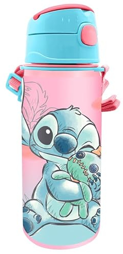 Disney Stitch Bouteille Réutilisable, Stitch et Scrump Design en Aluminium Résistant, Gourde pour Filles, Gourde de Voyage avec Poignée, Capacité 600 ml