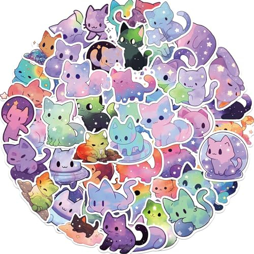 Hebterrka 100 Stück Cartoon-Regenbogen-Sternenhimmel-Katzen-Aufkleber, niedliche ästhetische Katzen-wasserdichte Aufkleber, Vinyl-Aufkleber für Wasserflasche