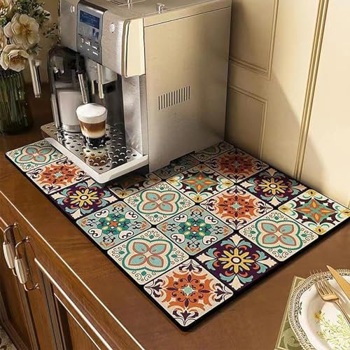 CAIJ Abtropfmatte für Geschirr, Abtropfmatte Küche 40x60cm Kaffeemaschine Unterlage Abtropfmatte Geschirr Bunt Rutschfeste Gummisohle Schnelltrocknend Saugfähige Unterlage für Küche Haustiere Spüle