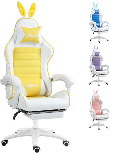 Vinsetto Racing Gaming Chair, Reclining PU Leather Computer Chair with Removable Rabbit Ears, Footrest, Headrest and Lumber Support, Yellow