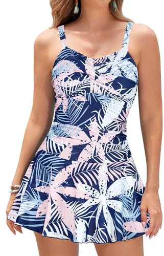 SHEKINI Femme Maillot de Bain Une Pièce Jupette Elégant Ruched Bandeau Robe de Plage Abdominal Contrôle Amincissante Sport Réglable Jupette Bikini de Plage(XL,Rose Bleu-Feuille d'érable)