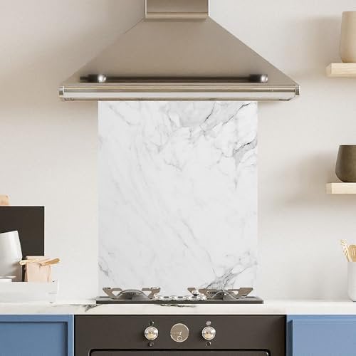 Toughened 6mm Glass Kitchen Splashback 60 x 75cm White Veiny Marble - Polished Heat Resistant Back Splash for Cookers Hob