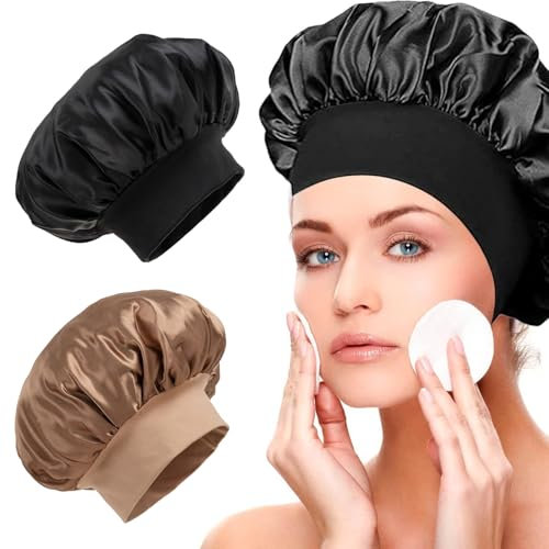 2PCS Silk Satin Bonnet for Sleeping, Soft Elastic Band Hair Bonnet for Women Curly Natural Hair, Double-Layer Silk Satin Sleeping Cap, Shower Cap for Women(Black&Golden)