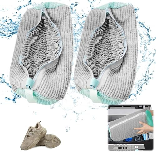 Suzmei Shoe Laundry Bag, 2PCS Gray, Chenille Fabric, Reusable, Hand Brush Simulating Bristles, Zipper Closure, 13.3277L, Rectangular, Footwear, Storage Bag