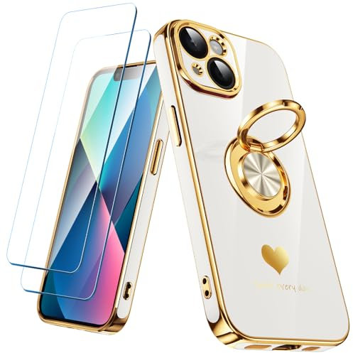 Nonional Compatible for iPhone 14 Case with 2 Pack Screen Protector, 360° Rotatable Ring Holder [Luxury Hearts Pattern] Plating Gold Edge Slim Soft Phone Cover Case for iPhone 14 - White