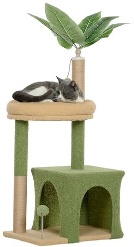 PawHut - Árbol para gatos, torre de juegos para gatos, 98 cm, con nicho, cama, rascador, 2 bolas de juego y hojas artificiales, color verde