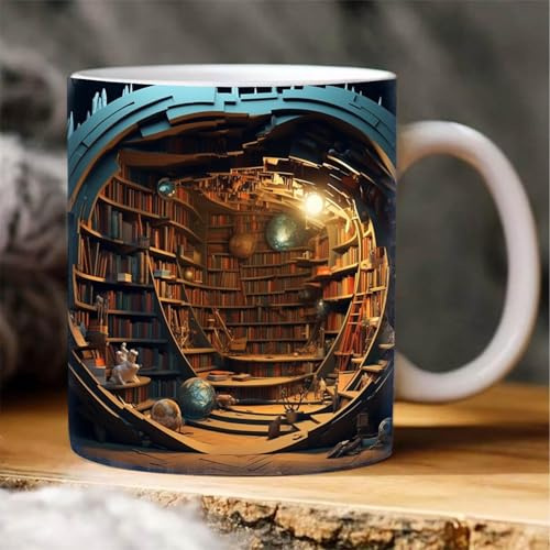 Generisch 3D Büchertasse, 3D-Bücherregal-Kaffeetasse, Kreativ Bücherregale Becher, Keramik Bibliothek Bücherregal Reisebecher, Mehrzweck Keramikbecher für Buchliebhaber Geschenk (D)