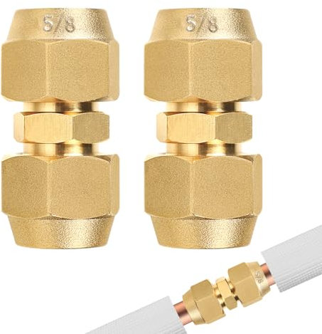 SUPAWAY 2 nippli doppi per tubi in rame da 5/8, connettori per tubi in rame, in ottone, senza saldatura, condizionatori d'aria, set di viti con 2 dadi di accoppiamento, diametro tubo di rame 15,88 mm