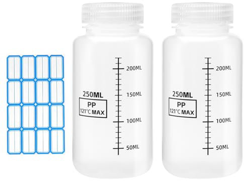2 Stück Weithalsflasche Kunststoff 250ML Laborflasche mit Schraubverschluss Skala Etiketten, Kleine Plastikflaschen Zum Befüllen Plastik Flaschen Plastikflasche Labor Flasche Labor-Reagenzflaschen