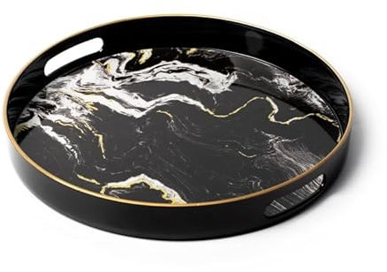 Heaven4you Round Black Marble Decorative Serving Tray – Glossy Circular Tray with White and Gold Veining and Gold Trim for Coffee Table, Kitchen, Bar, Vanity, or Modern Home Entertaining