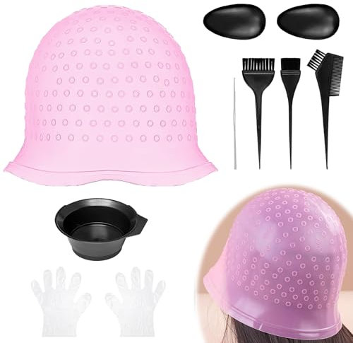 Cuffia per Meches in Silicone con Accessori, Set per Meches Capelli Fai da Te con Cuffia, Pennello, Guanti, Riutilizzabile per Donna e Ragazza, Facile da Usare, Colpi di Sole Fai da Te