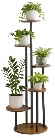 Relaxdays plant stand, 5 round tiers, HxWxD: 118.5 x 58 x 58 cm, indoor plant shelf, industrial, black/brown