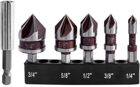 Mesee 5Pcs Cobalt Countersink Drill Bits with Bit Extension,1/4'' 3/8'' 1/2'' 5/8'' 3/4'' Countersink Bits 1/4 Hex Shank 82 Degree 5 Flute Counter Sinker Drill Bit Tool for Metal, Plastics, Wood