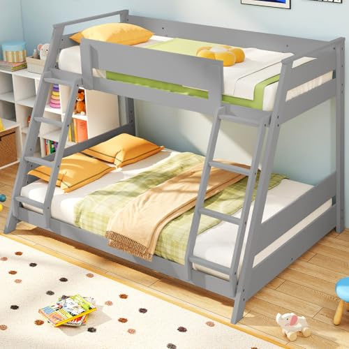 Maxmass Wooden Bunk Bed, Single Over Double Bed Frame with 2 Ladders, Safety Guardrails, 5ft Loft Beds for Adults Kids Teenagers (Grey)