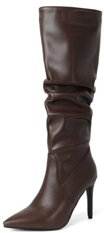 Stivali Alti Fino Al Ginocchio Da Donna, Eleganti Stivali Lunghi in PU Con Effetto Plissettato E Punta Affusolata Scarpe Slip-On Con Tacco A Spillo Alto Taglie Forti