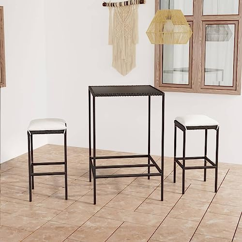 Tonture 3-TLG. Gartenbar-Set mit Kissen, Schwarz, aus Poly Rattan, für Balkon, Terrasse und Außenbereich, 70x70x110 cm Stehtisch, robuste Outdoor Möbel