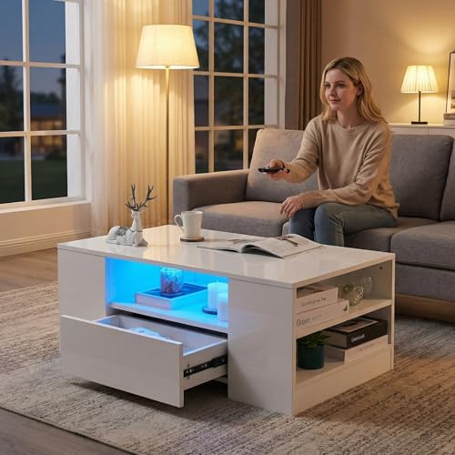 Oyajia High Gloss Coffee Table, Coffee Table with Storage, Tea Desk for Living Room with Led RGB Lights 2 Drawer Storage and Open Shelf Rectangle Centre Tea Table for Home Office Furniture, White