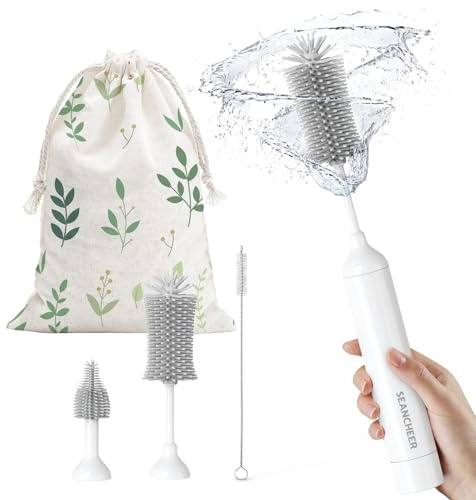 SEANCHEER S02 Electric Bottle Brush Set, Portable Baby Bottle Brush Cleaner, AA Battery-Powered & IPX7 Waterproof, with Silicone Bottle/Nipple/Straw Brush, for Home & Travel (Gray)