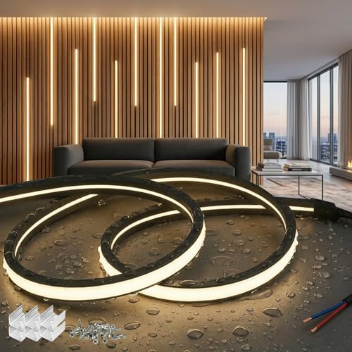 SUCIKORIO 10m Neon LED Streifen Schwarz Für Akustikpaneele, 230V Silikon Led Strip Ohne Netzteil Wasserdicht Feuerfest IP65 Naturweiss 4000K 10mm Zuschneidbar Leds Lichtband Für Außen, Wandpaneele