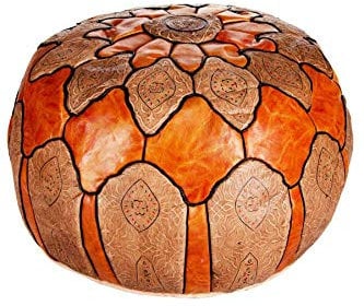 Orientalischer runder Pouf aus Leder ø 60cm Rund 35cm Hoch inklusive Füllung | Marokkanisches Sitzkissen Sitzpouf Kissen Hakam Orange | Marokkanischer Hocker Sitzhocker Fusshocker