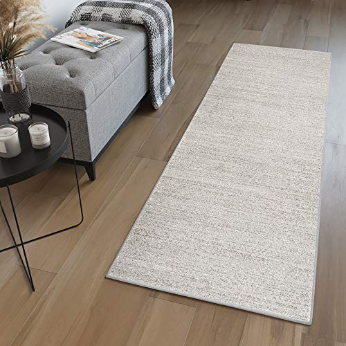 TAPISO Sari Teppich Läufer Flur Hellgrau Meterware Modern Kurzflor Küche Wohnzimmer Schlafzimmer Korridor Brücke nach Maß ÖKOTEX 60 x 330 cm