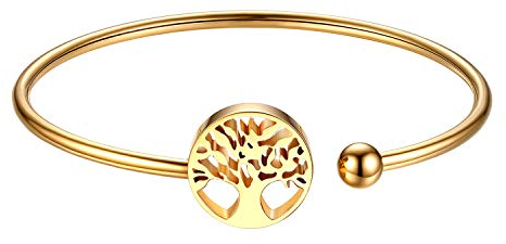 JewelryWe Schmuck Damen Armband Edelstahl Baum des Lebens Kugel Offen Armreif Charmsarmband Manschette für Frau Mädchen, Gold