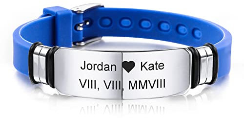 MeMeDIY 13mm Bracciale Largo Silicone Regolabile Sport Nome Polso ID Tag Identificazione Bracciale Personalizzato per Uomo Donna Bambini Acciaio Inossidabile - Incisione Personalizzata (Blu Colore)
