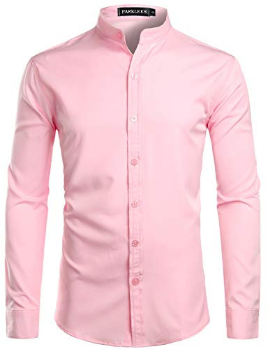 PARKLEES Chemise à manches longues pour homme - Couleur unie - Coupe ajustée - Facile à repasser - Col montant - Pour affaires - Loisirs, Rose, M