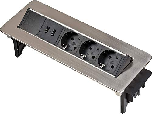 Brennenstuhl Indesk Power USB-Charger Tischsteckdosenleiste/Versenkbare Steckdose 3-Fach (2 USB Ladebuchsen, 2m Kabel) Silber/schwarz (3er Pack)