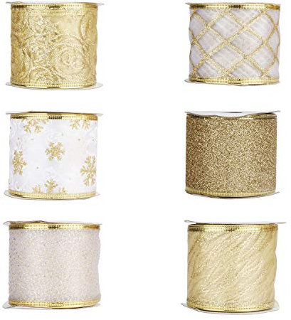 Belle Vous Cinta Organza de Navidad (Pack de 6) 5,5M x 63mm - Dorada Con Diseños Variados - Decoración Árbol, Envolver, Moños, Regalos
